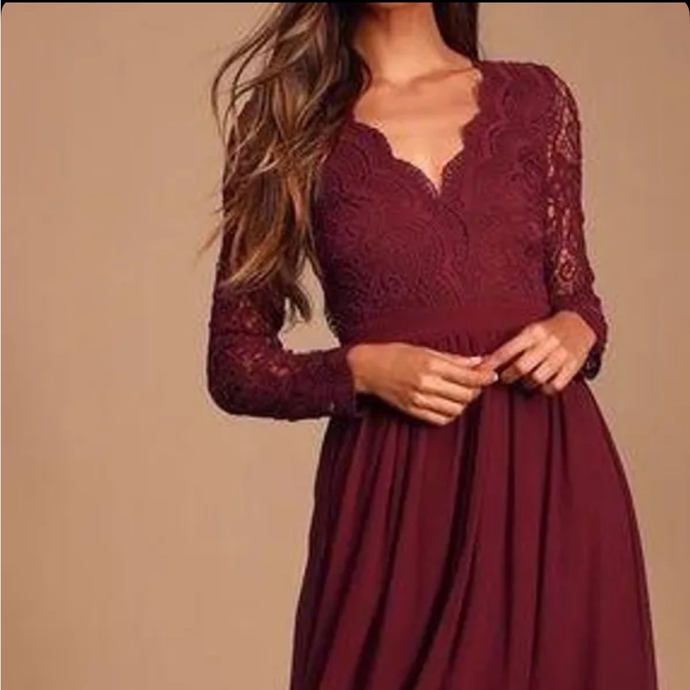 Awaken My Love Burgundy Long Sleeve Lace Maxi Dress small bridesmaids maternity - Picture 12 of 13